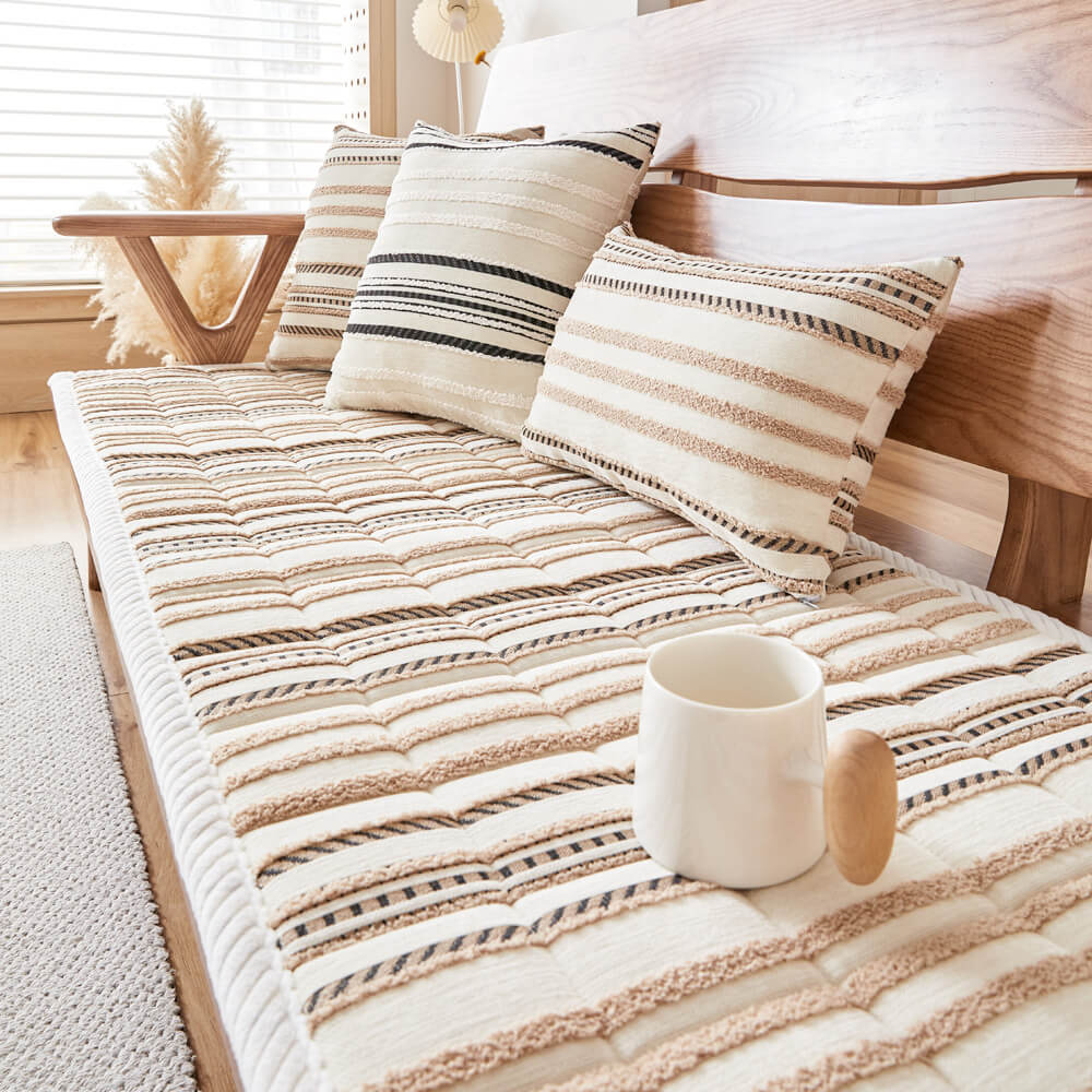 Cozy Chenille Striped Plush Sofa Protector — Non-Slip Couch Cover & Pet Mat