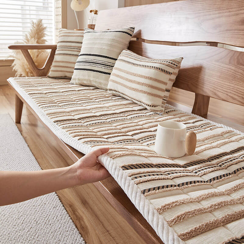 Cozy Chenille Striped Plush Sofa Protector — Non-Slip Couch Cover & Pet Mat
