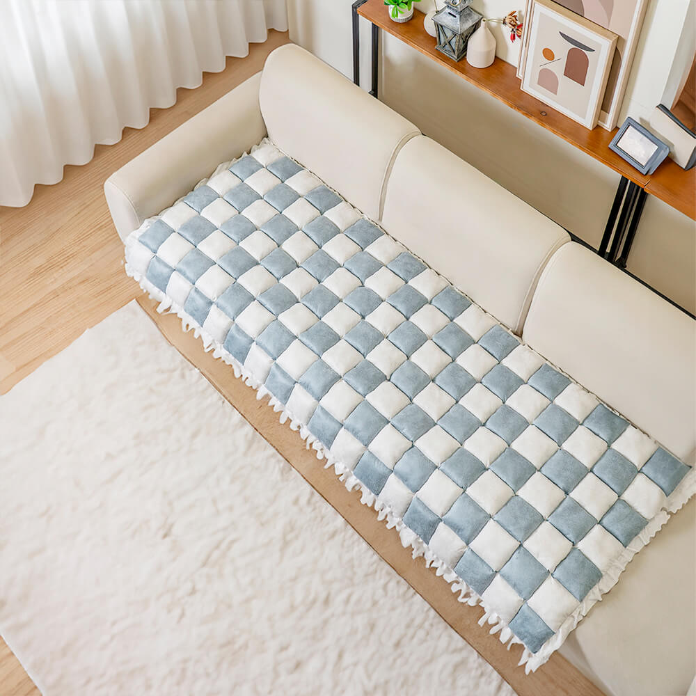 Cream-Colored Large Plaid Square Fuzzy Pet Mat - Multi-Use Bed and Couch Cover