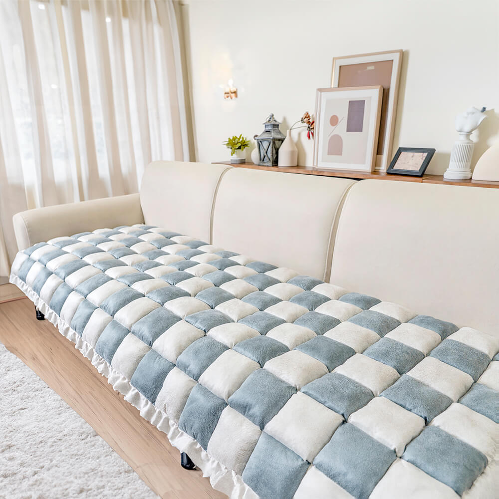 Cream-Colored Large Plaid Square Fuzzy Pet Mat - Multi-Use Bed and Couch Cover
