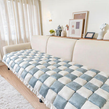 Cream-Colored Large Plaid Square Fuzzy Pet Mat - Multi-Use Bed and Couch Cover