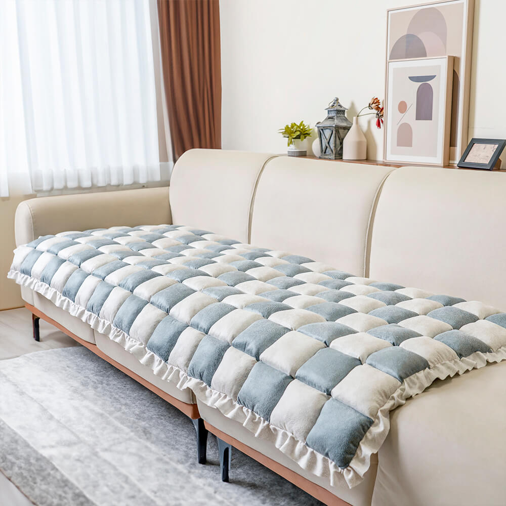 Cream-Colored Large Plaid Square Fuzzy Pet Mat - Multi-Use Bed and Couch Cover