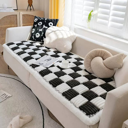 Cream-Colored Large Plaid Square Fuzzy Pet Mat - Multi-Use Bed and Couch Cover