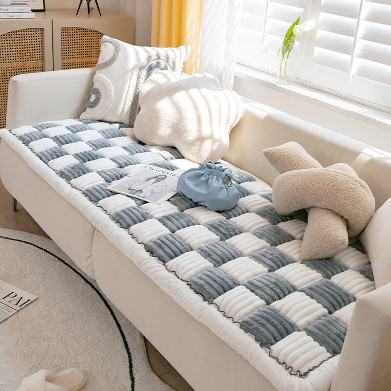 Cream-Colored Large Plaid Square Fuzzy Pet Mat - Multi-Use Bed and Couch Cover