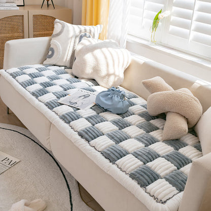 Cream-Colored Large Plaid Square Fuzzy Pet Mat - Multi-Use Bed and Couch Cover