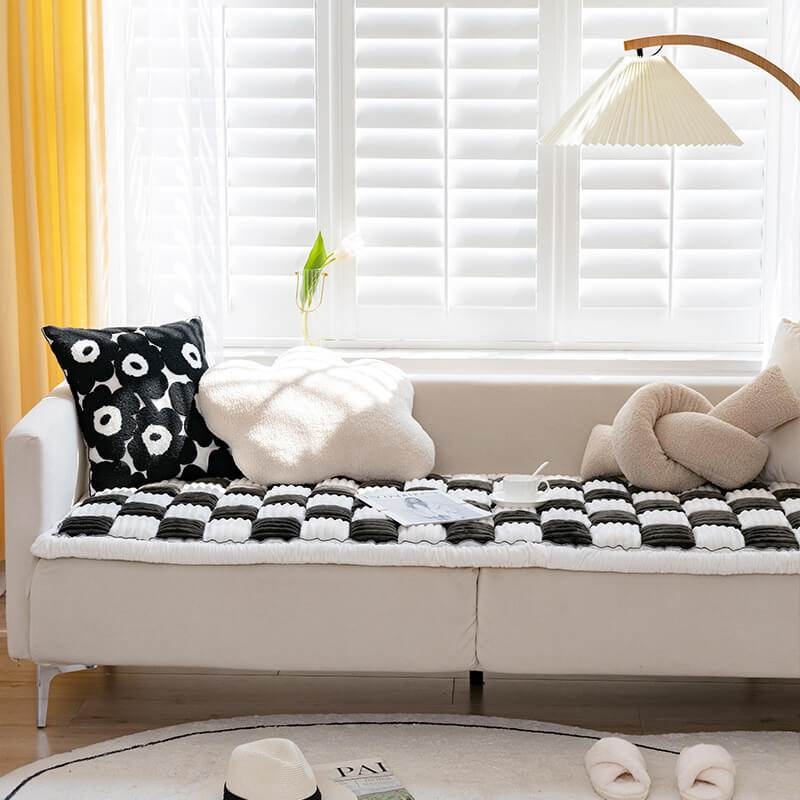 Cream-Colored Large Plaid Square Fuzzy Pet Mat - Multi-Use Bed and Couch Cover