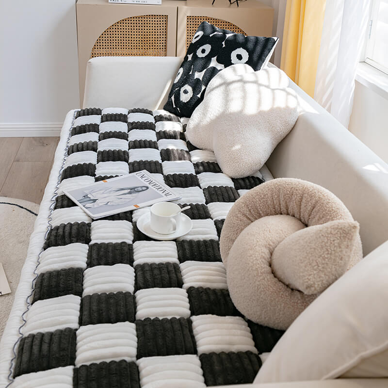 Cream-Colored Large Plaid Square Fuzzy Pet Mat - Multi-Use Bed and Couch Cover