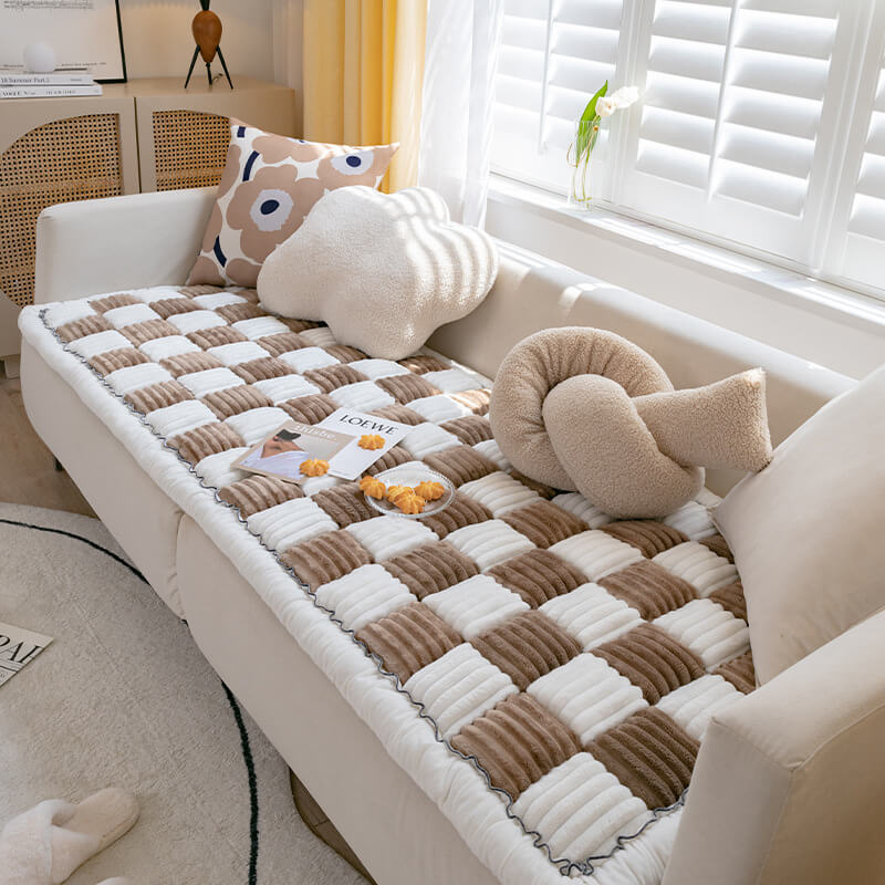 Cream-Colored Large Plaid Square Fuzzy Pet Mat - Multi-Use Bed and Couch Cover