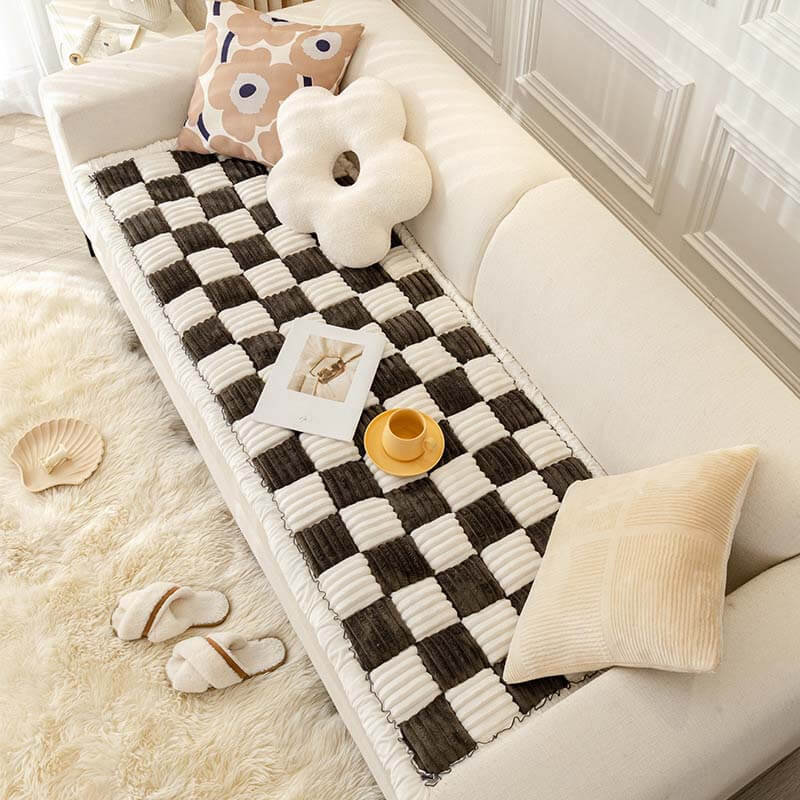 Cream-Colored Large Plaid Square Fuzzy Pet Mat - Multi-Use Bed and Couch Cover