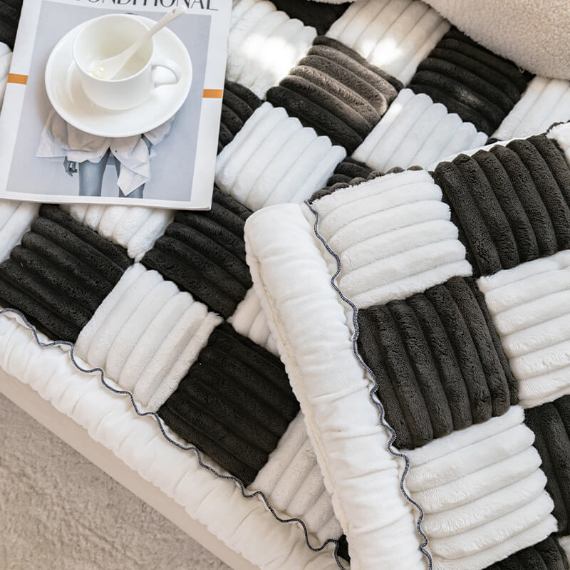 Cream-Colored Large Plaid Square Fuzzy Pet Mat - Multi-Use Bed and Couch Cover