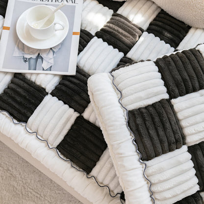 Cream-Colored Large Plaid Square Fuzzy Pet Mat - Multi-Use Bed and Couch Cover