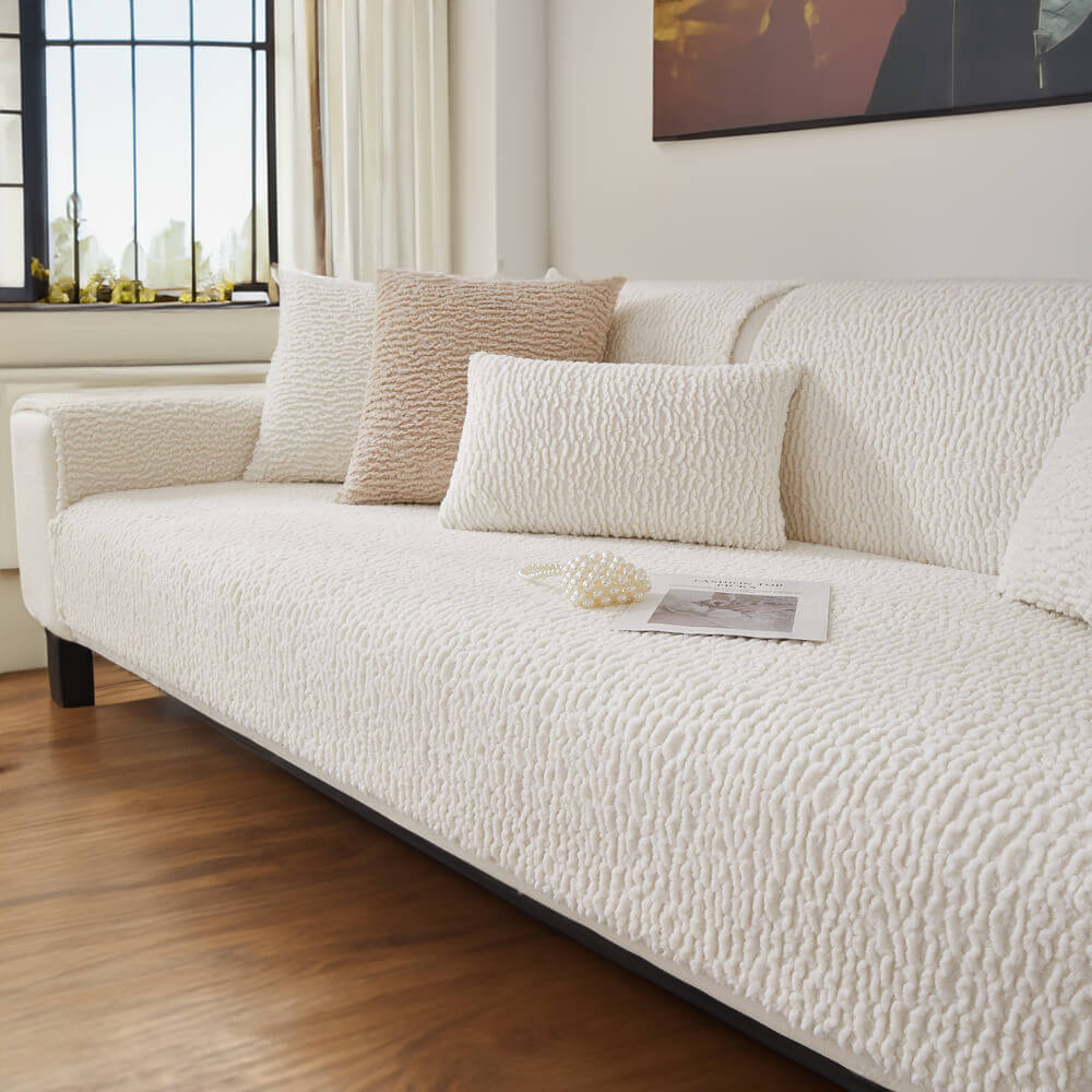 Cream Berber Fleece Anti-Scratch Sofa Cover - Plush, Durable Couch Protector