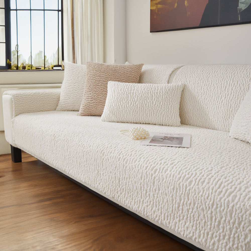 Cream Berber Fleece Anti-Scratch Sofa Cover - Plush, Durable Couch Protector