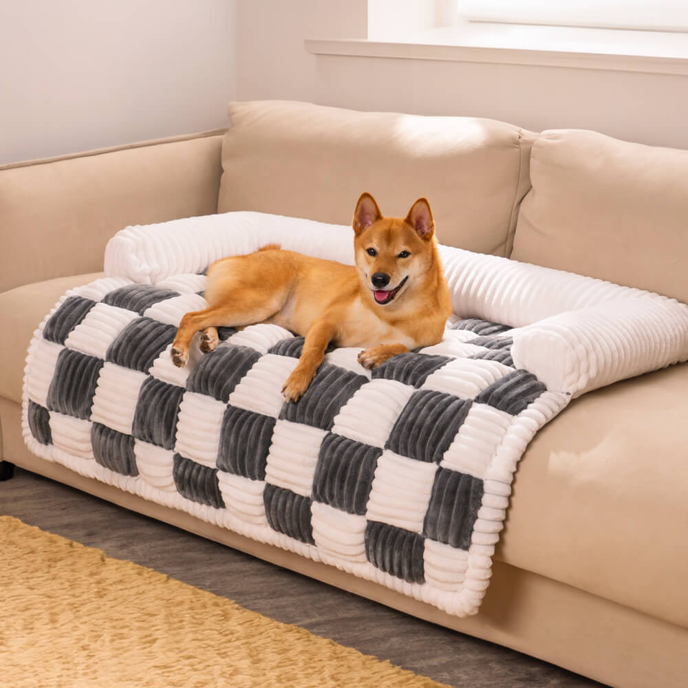 Cream Square Plaid Cozy Dog Mat | Plush Furniture Protector Cover