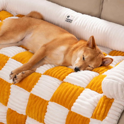 Cream Square Plaid Cozy Dog Mat | Plush Furniture Protector Cover