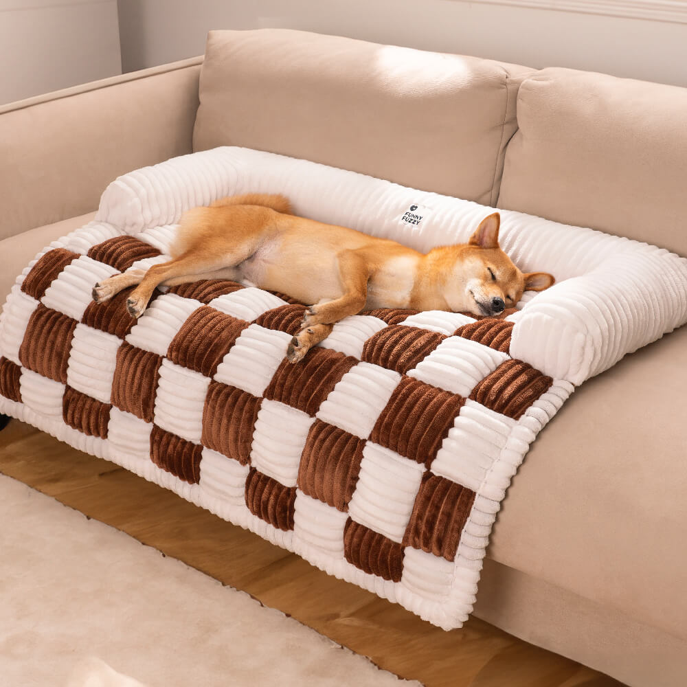 Cream Square Plaid Cozy Dog Mat | Plush Furniture Protector Cover