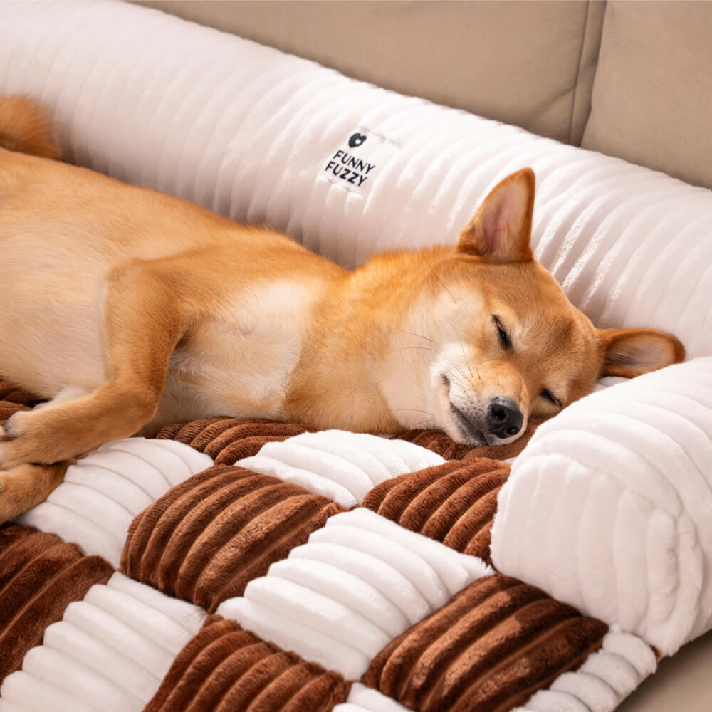 Cream Square Plaid Cozy Dog Mat — Plush Furniture Protector Cover