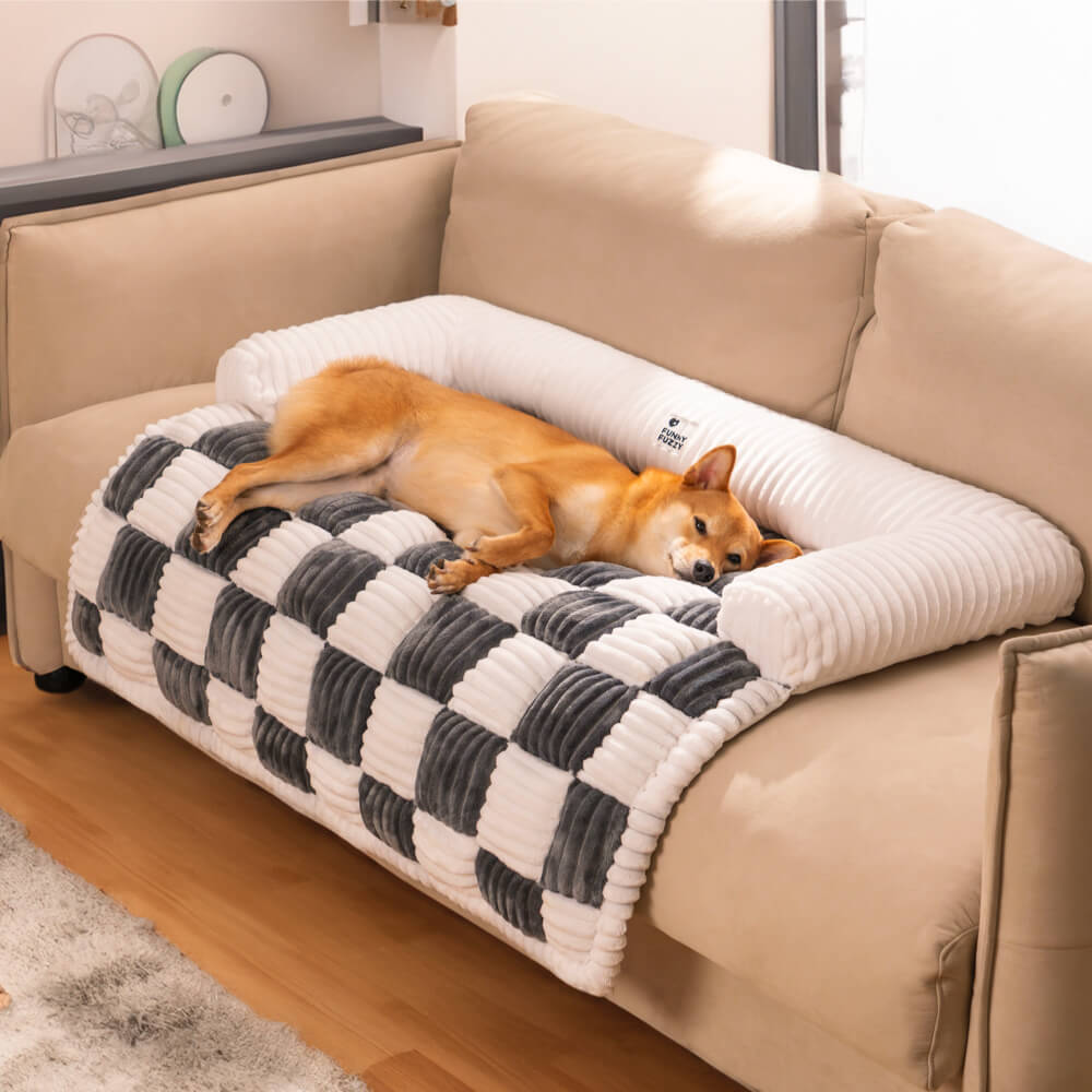 Cream Square Plaid Cozy Dog Mat — Plush Furniture Protector Cover