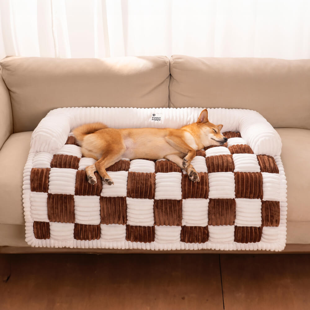 Cream Square Plaid Cozy Dog Mat — Plush Furniture Protector Cover