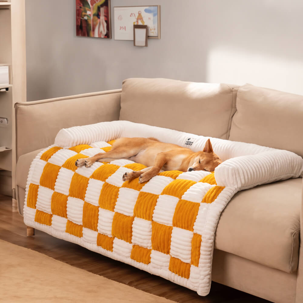 Cream Square Plaid Cozy Dog Mat | Plush Furniture Protector Cover