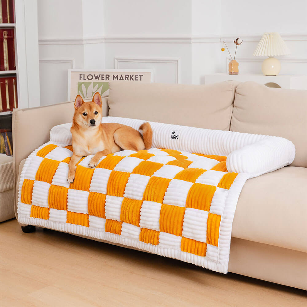 Cream Square Plaid Cozy Dog Mat — Plush Furniture Protector Cover