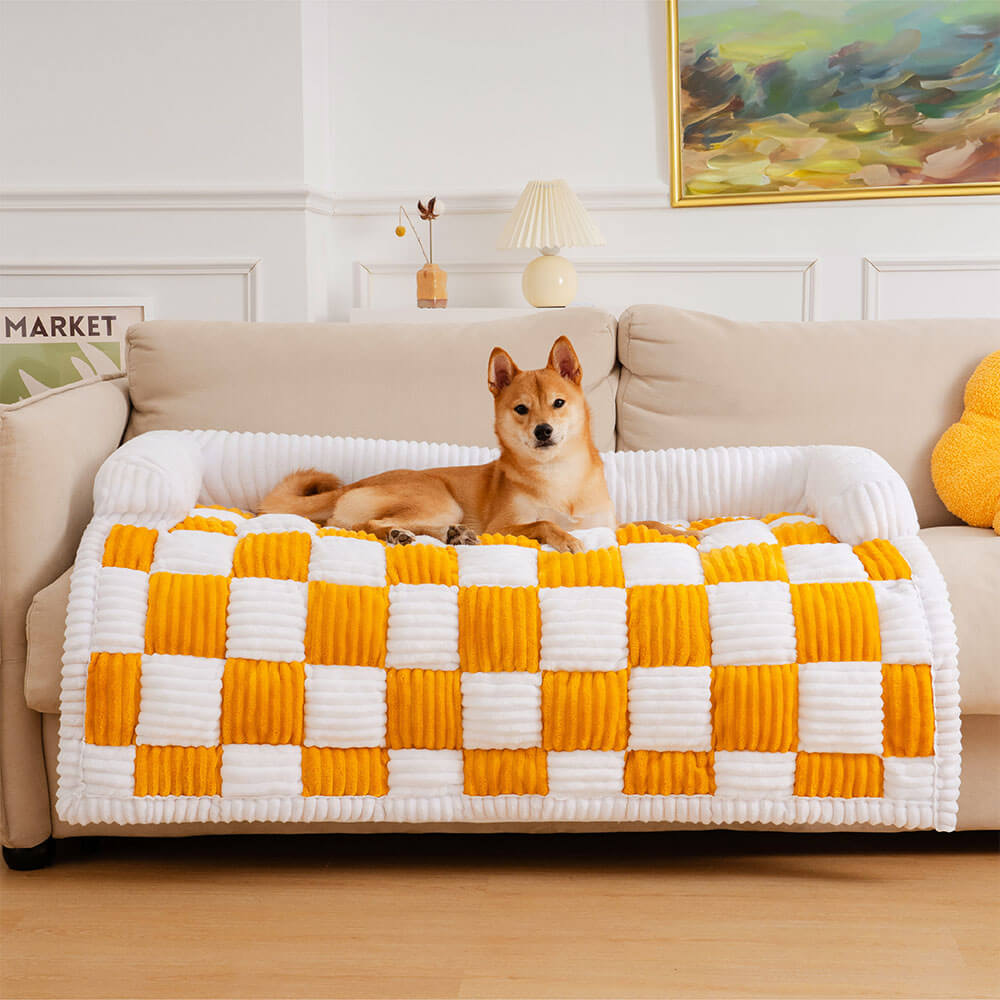 Cream Square Plaid Cozy Dog Mat | Plush Furniture Protector Cover