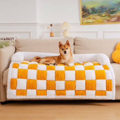 Cream Square Plaid Cozy Dog Mat — Plush Furniture Protector Cover