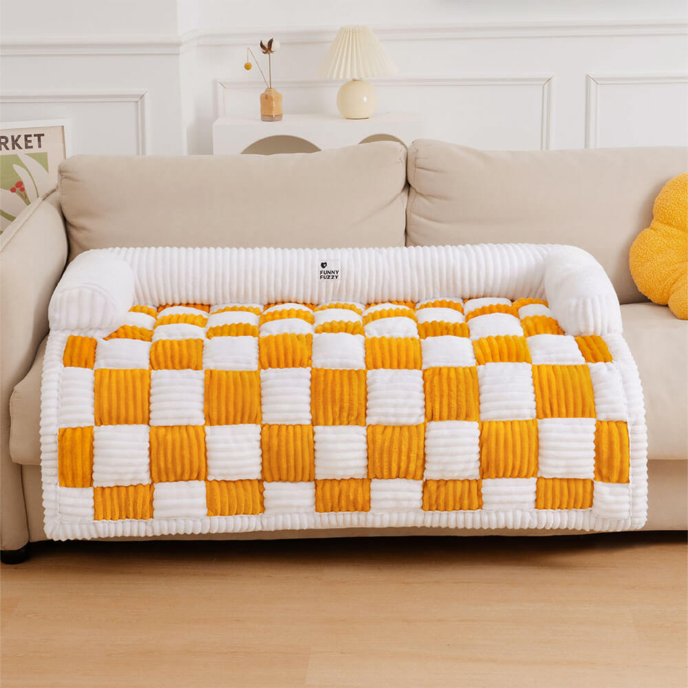 Cream Square Plaid Cozy Dog Mat | Plush Furniture Protector Cover
