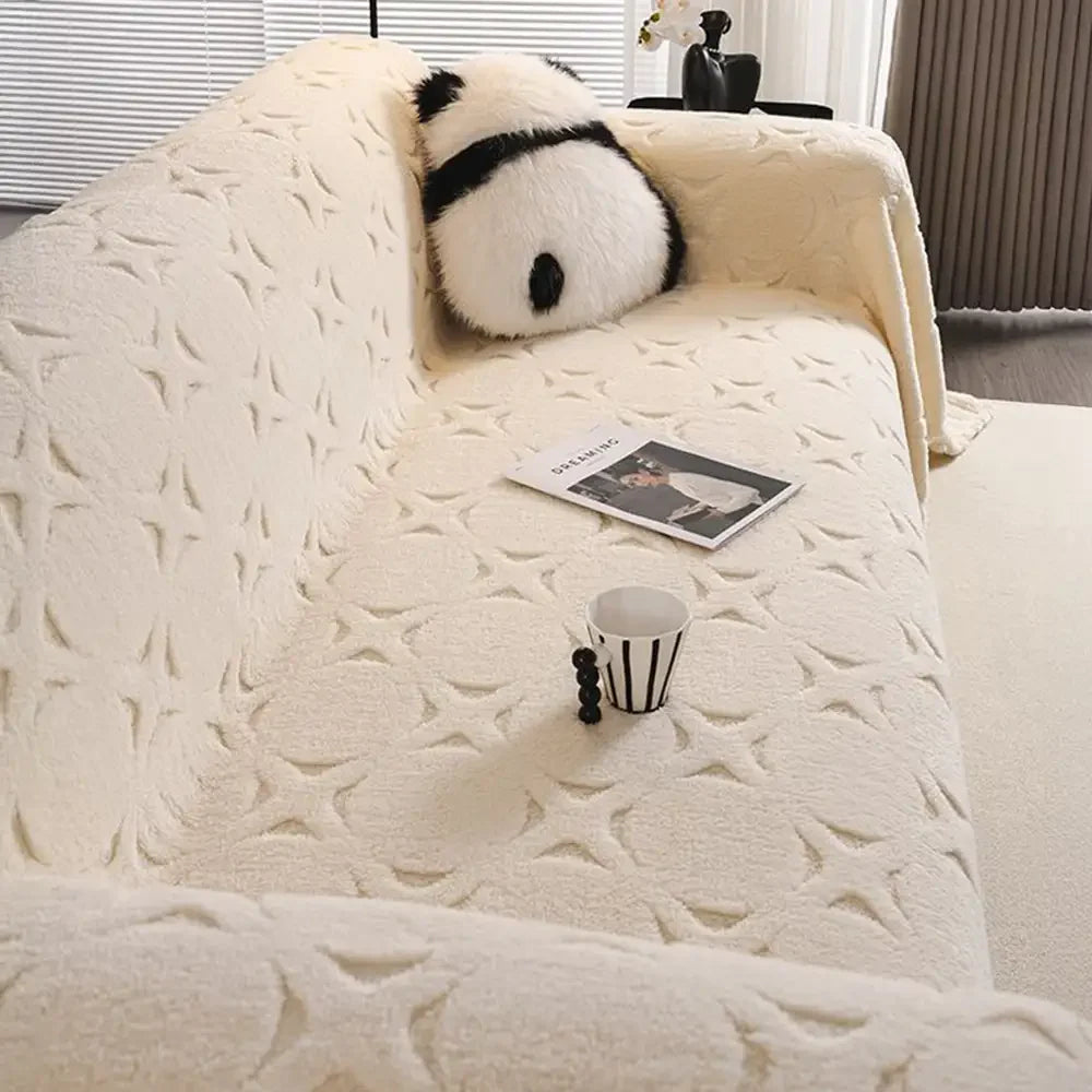 Cream Textured Jacquard Sofa Throw Cover - Decorative Couch Protector