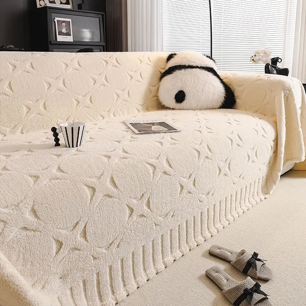 Cream Textured Jacquard Sofa Throw Cover - Decorative Couch Protector