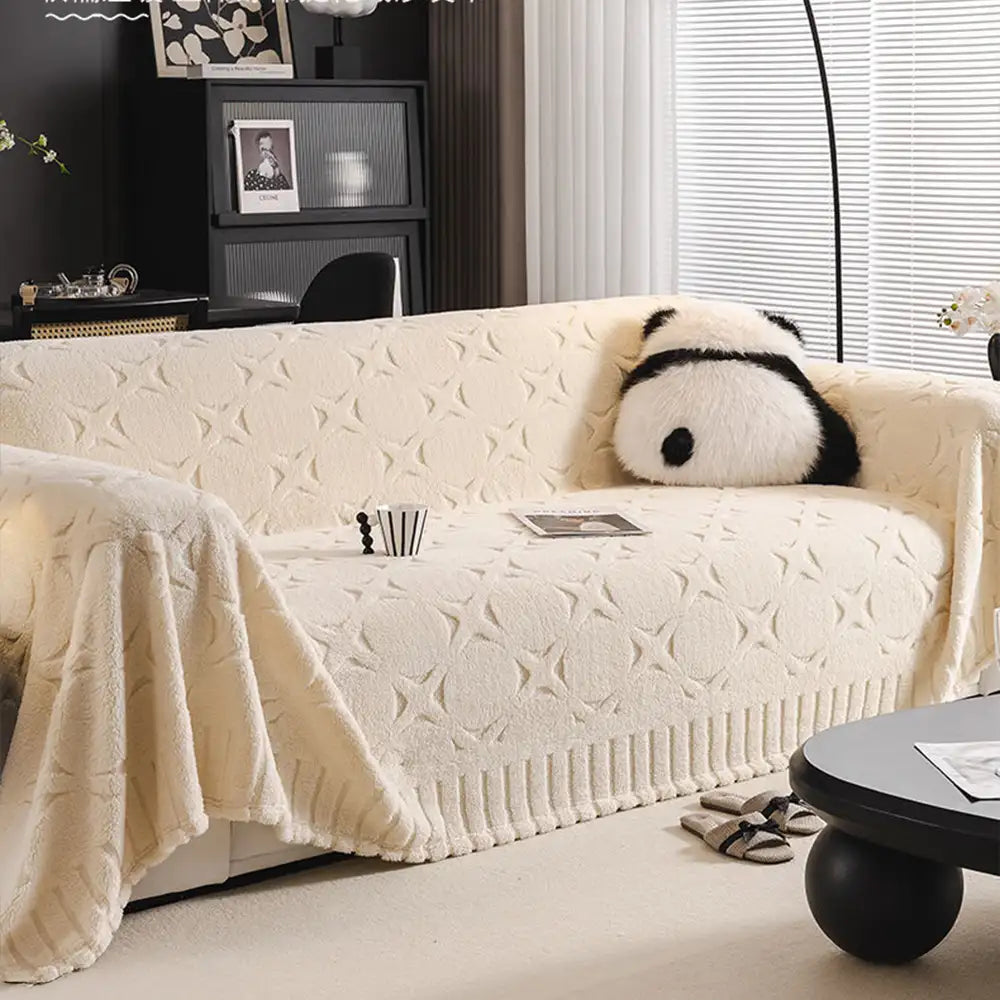 Cream Textured Jacquard Sofa Throw Cover - Decorative Couch Protector