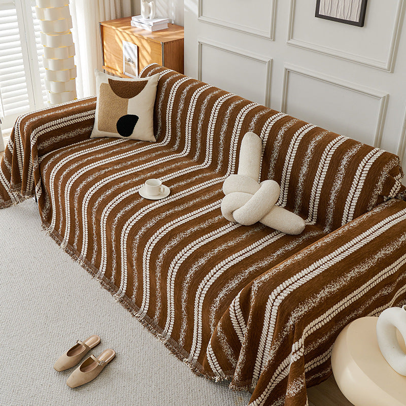 Elegant Stripe Tassel Chenille Throw Couch Cover