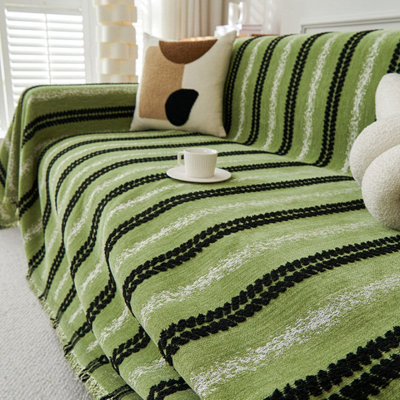 Elegant Stripe Tassel Chenille Throw Couch Cover