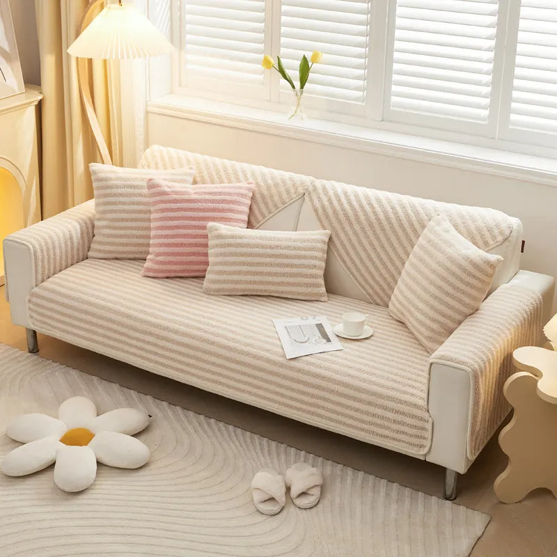 Cozy Double-Warmth Striped Anti-Slip Couch Cover for Ultimate Comfort