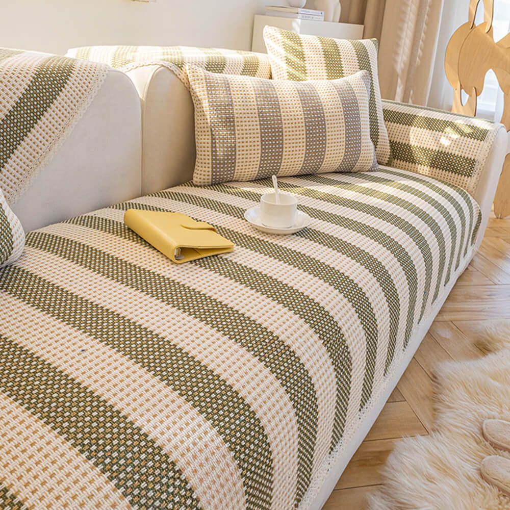 Cotton-Linen Stripe Sofa Cover — Anti-Scratch Furniture Protector for Couch