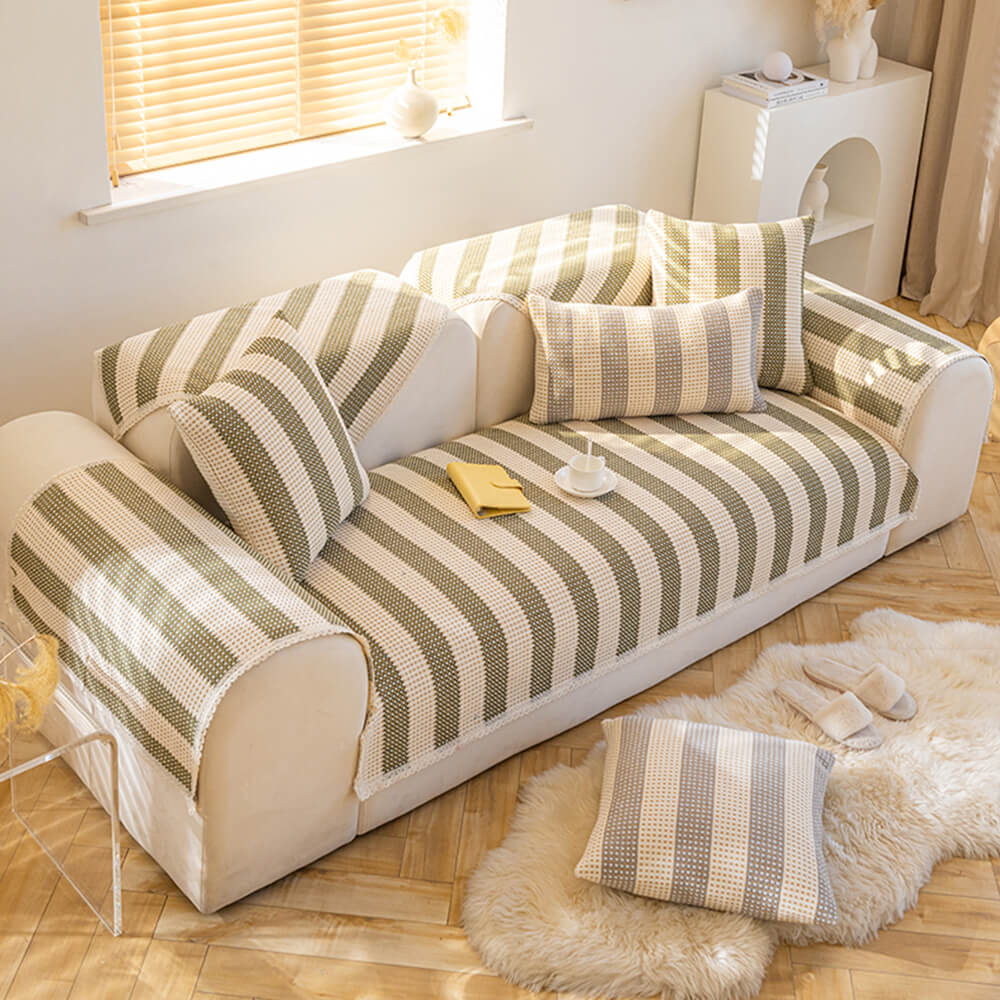 Cotton-Linen Stripe Sofa Cover — Anti-Scratch Furniture Protector for Couch