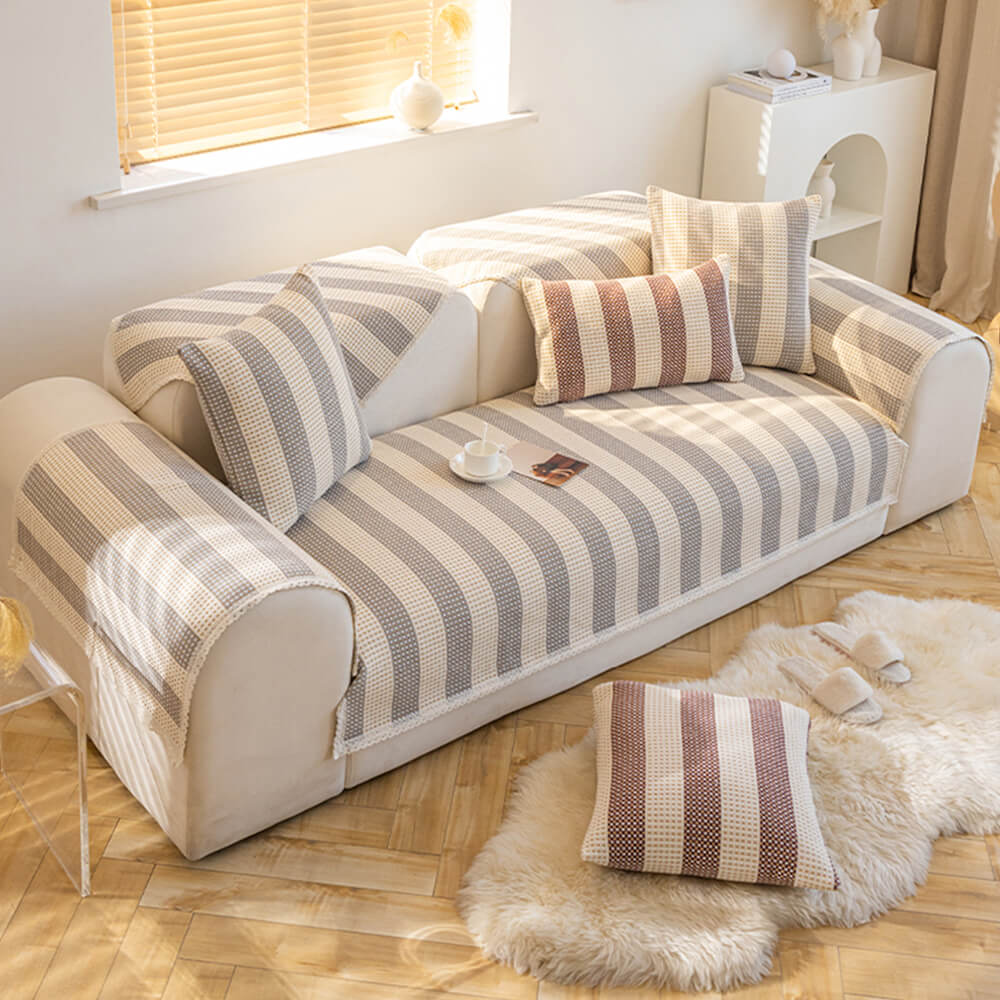 Cotton-Linen Stripe Sofa Cover — Anti-Scratch Furniture Protector for Couch