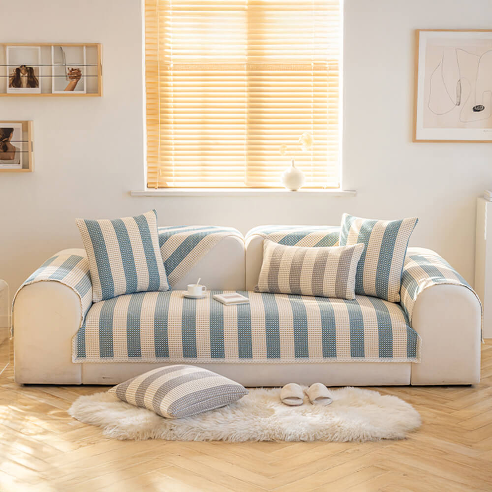 Cotton-Linen Stripe Sofa Cover — Anti-Scratch Furniture Protector for Couch