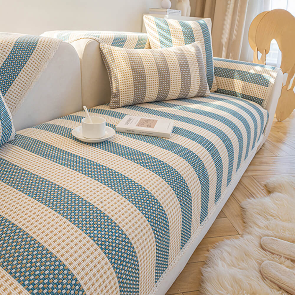 Cotton-Linen Stripe Sofa Cover — Anti-Scratch Furniture Protector for Couch