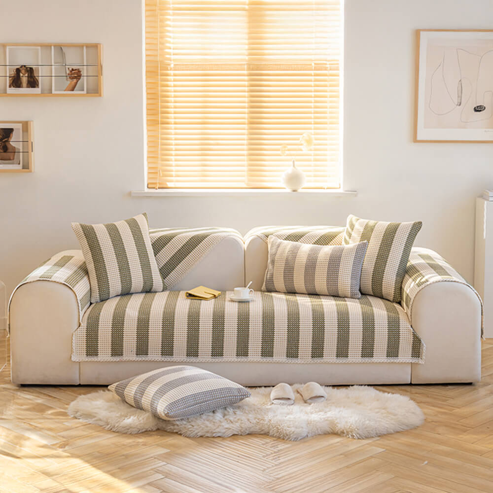 Cotton-Linen Stripe Sofa Cover — Anti-Scratch Furniture Protector for Couch