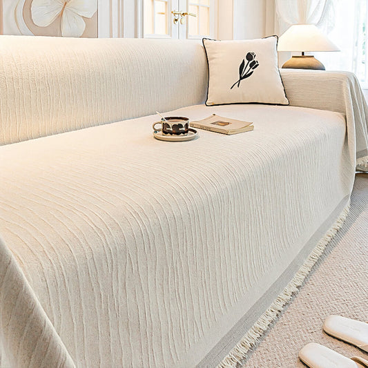 Cream Chenille Textured Couch Throw Cover - Pet-Friendly, Anti-Scratch Protection