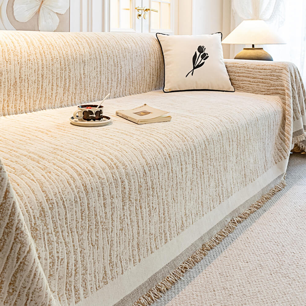 Cream Chenille Textured Couch Throw Cover - Pet-Friendly, Anti-Scratch Protection