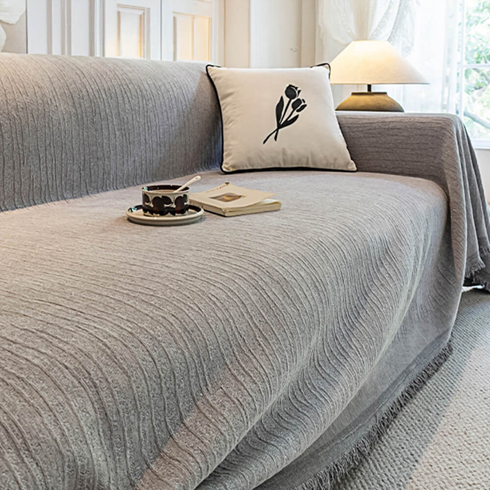 Cream Chenille Textured Couch Throw Cover - Pet-Friendly, Anti-Scratch Protection