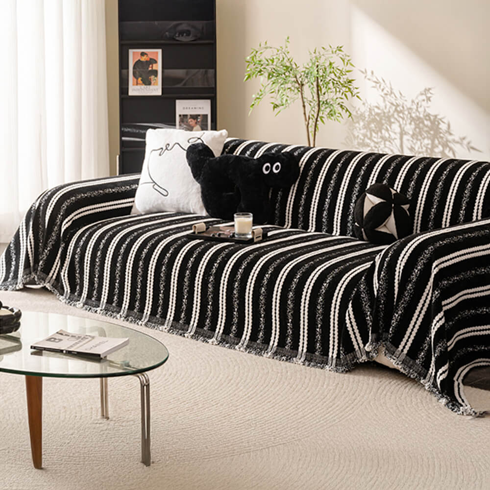 Elegant Stripe Tassel Chenille Throw Couch Cover