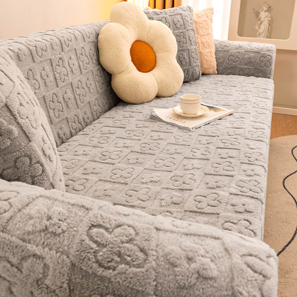 Cozy Floral Jacquard Fleece Couch Cover for Warmth and Style