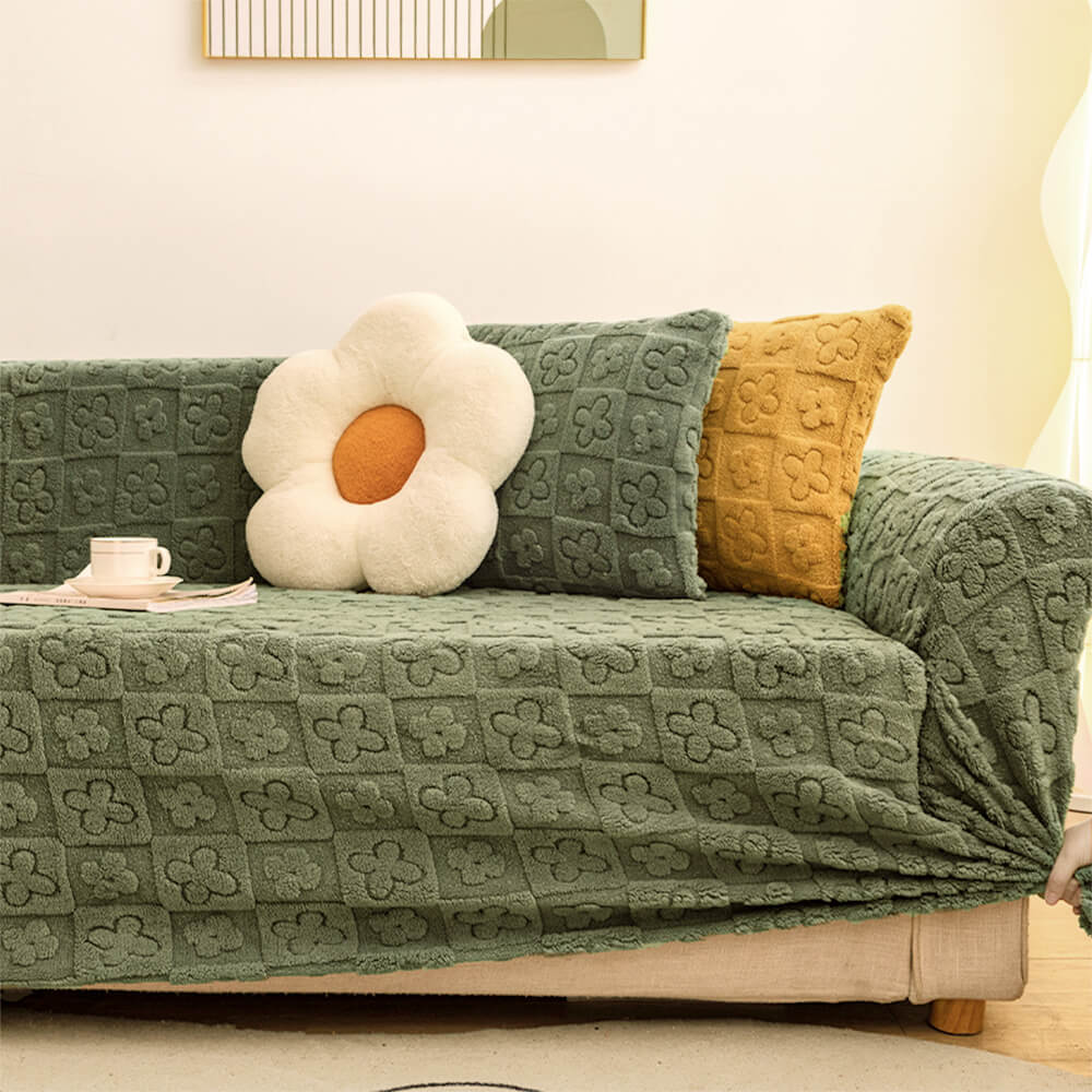 Cozy Floral Jacquard Fleece Couch Cover for Warmth and Style