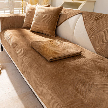 Cozy Leaf-Patterned Plush Couch Cover with Non-Slip Backing