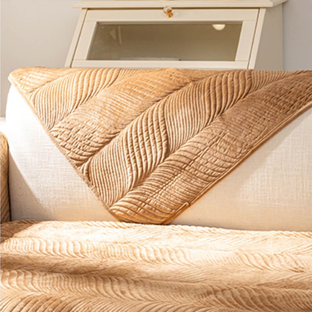 Cozy Leaf-Patterned Plush Couch Cover with Non-Slip Backing