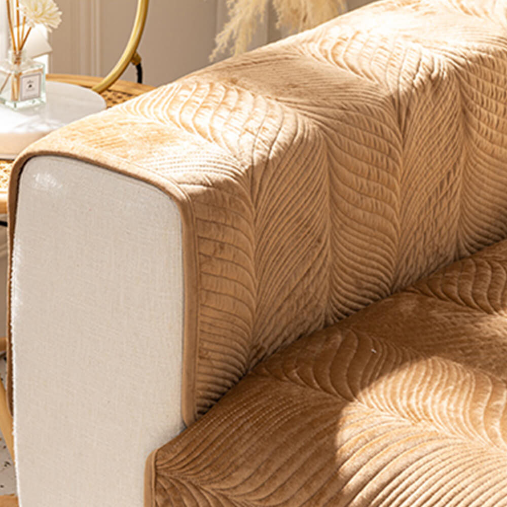 Cozy Leaf-Patterned Plush Couch Cover with Non-Slip Backing