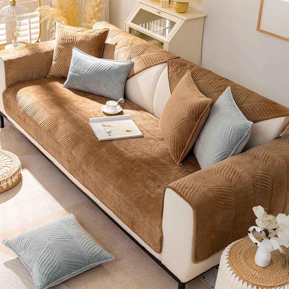 Cozy Leaf-Patterned Plush Couch Cover with Non-Slip Backing